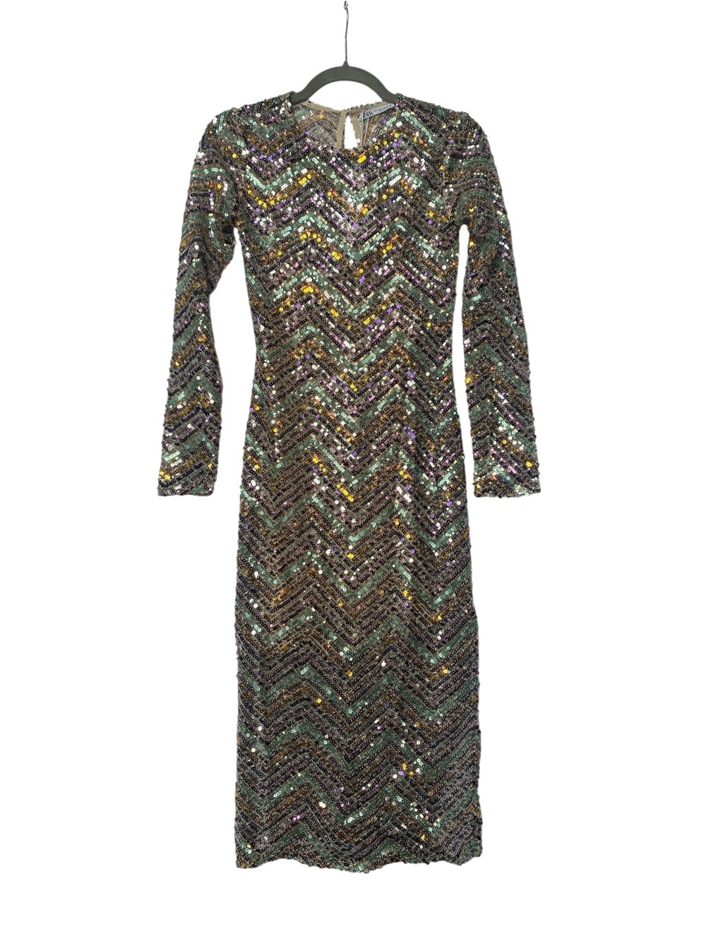 Zara NWT Multicolor Sequin Chevron Long Sleeve Dress (s)